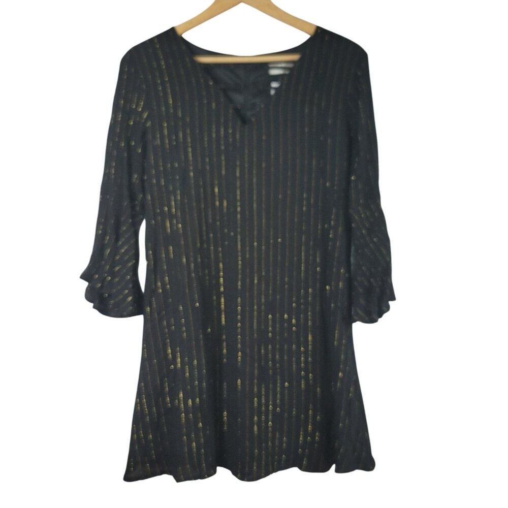 Ace Fashion Gold Glitter Top Black XL Sparkle Stripe V Neck Bell Sleeve Zip NWT